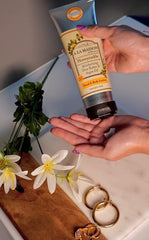 A LA MAISON lotion texture close-up revealing lightweight cream for fast absorption benefit
