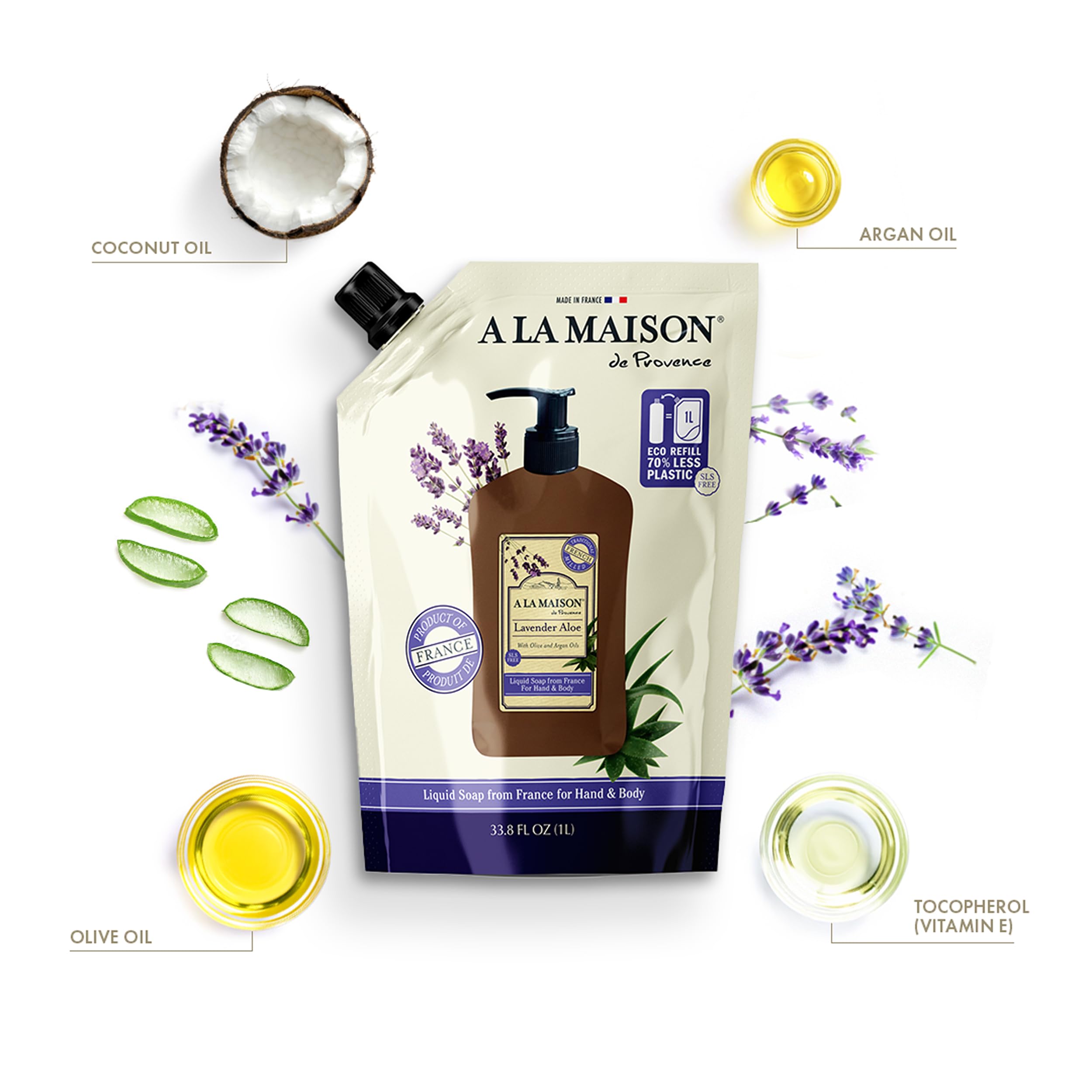 A LA MAISON label close-up highlighting natural ingredients and origin
