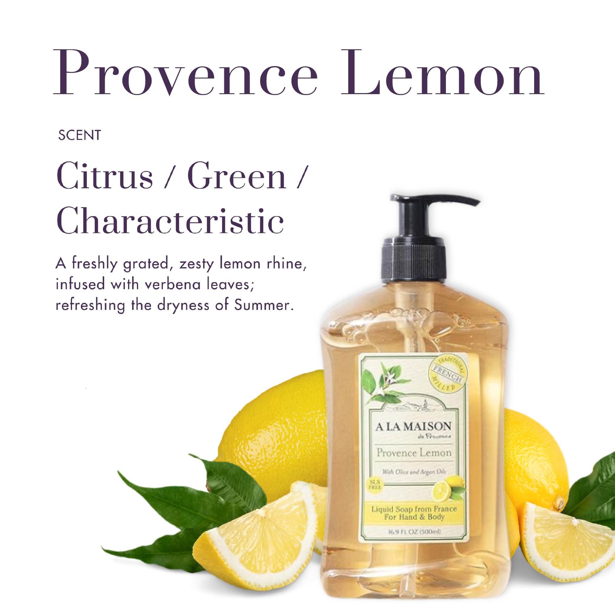 A LA MAISON pump and label detail highlighting French recipe and recycled bottle