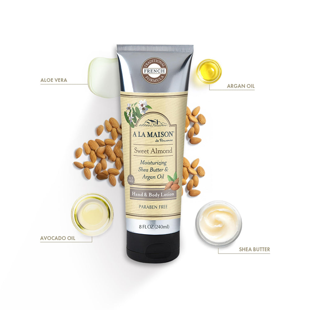 A LA MAISON pump and label detail highlighting natural ingredients and clean formula