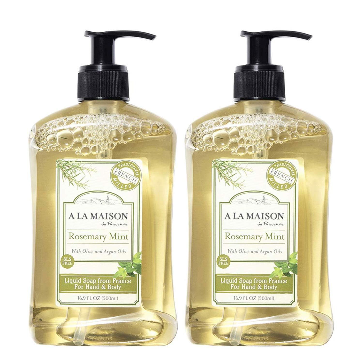 A LA MAISON front bottle view showing rosemary mint label and French heritage benefits