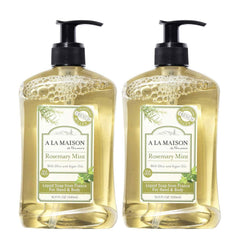 A LA MAISON front bottle view showing rosemary mint label and French heritage benefits