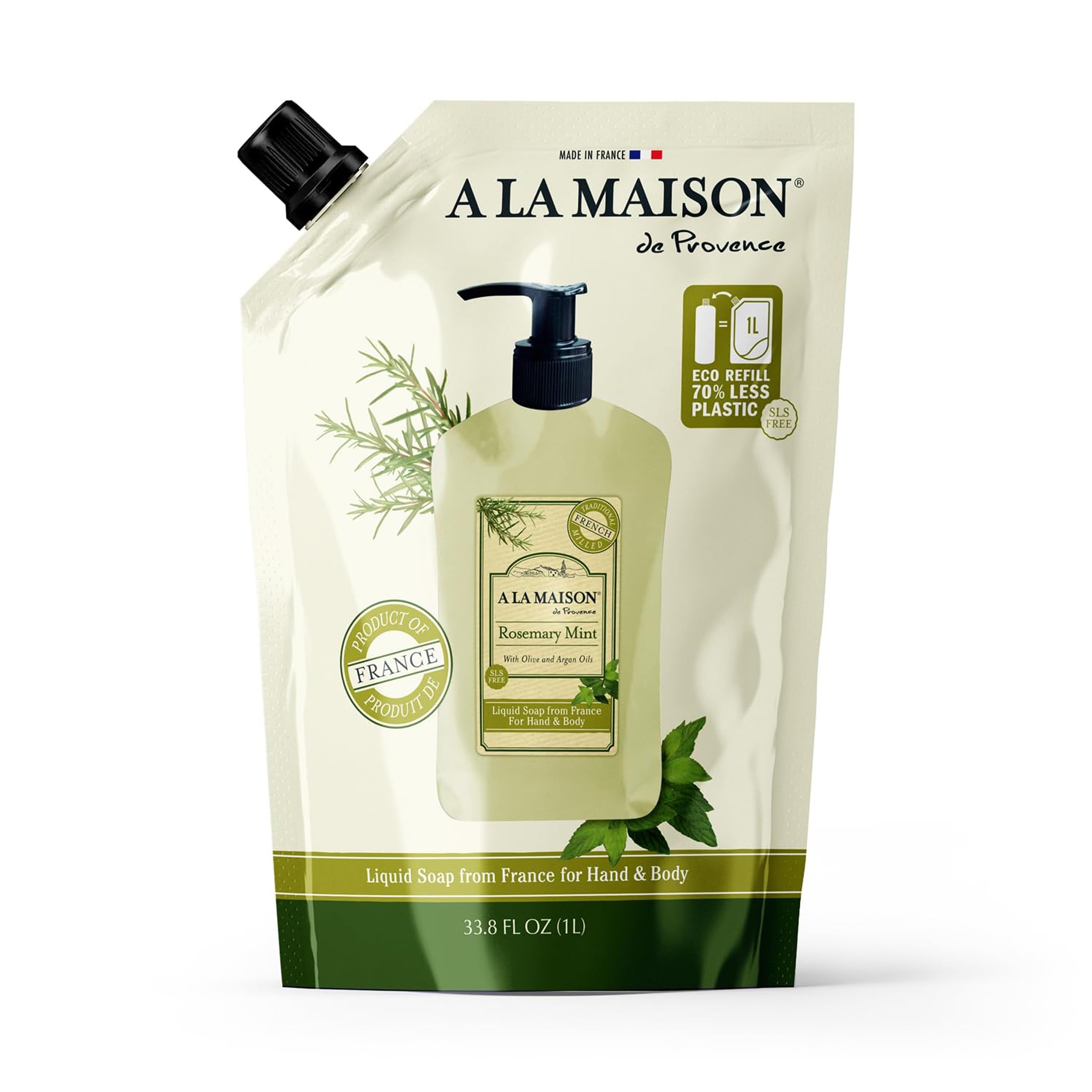 A LA MAISON front view of rosemary mint refill pouch, clear product identity and eco benefit