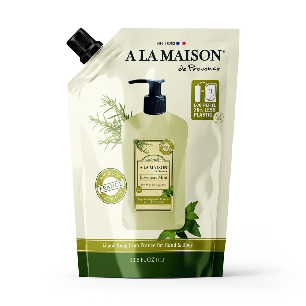 A LA MAISON front view of rosemary mint refill pouch, clear product identity and eco benefit
