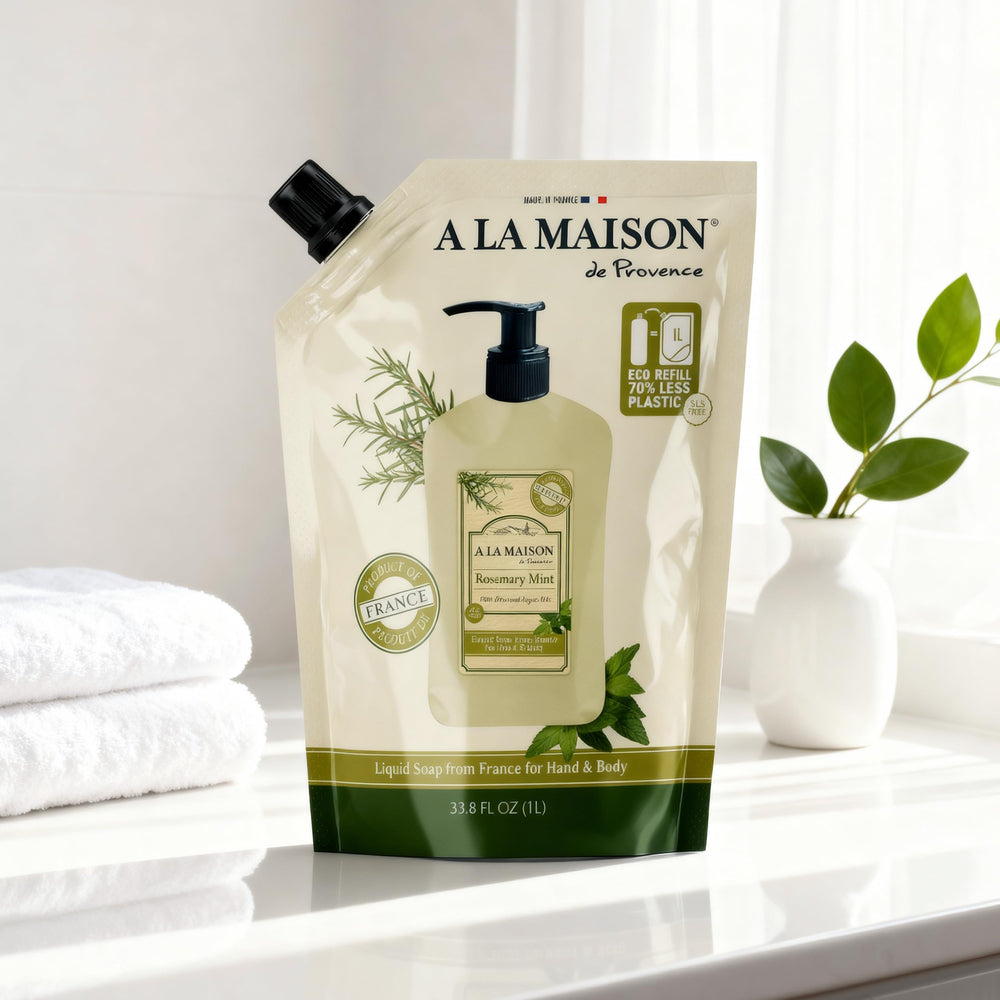A LA MAISON foamy lather on hands, gentle cleansing and pleasant rosemary mint scent