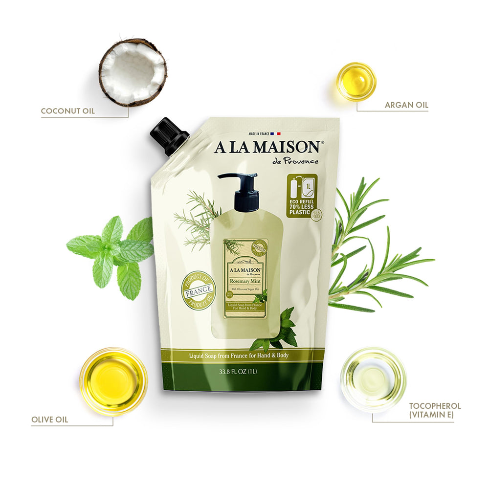 A LA MAISON close-up of pouring pouch into dispenser, shows easy refill and reduced waste