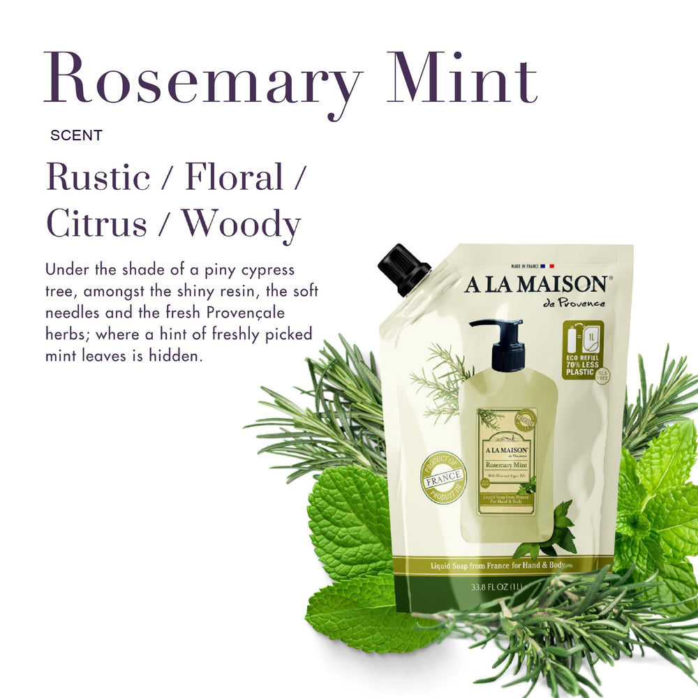 A LA MAISON refill pouch detail displaying label and recyclable packaging for eco advantage