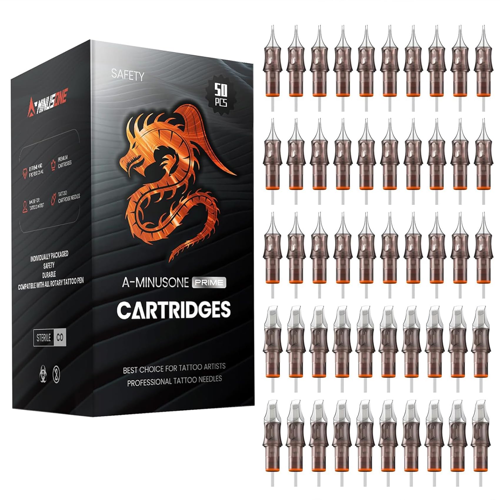 A-minusone front packaging showing sealed 50-piece mixed cartridge kit and convenience