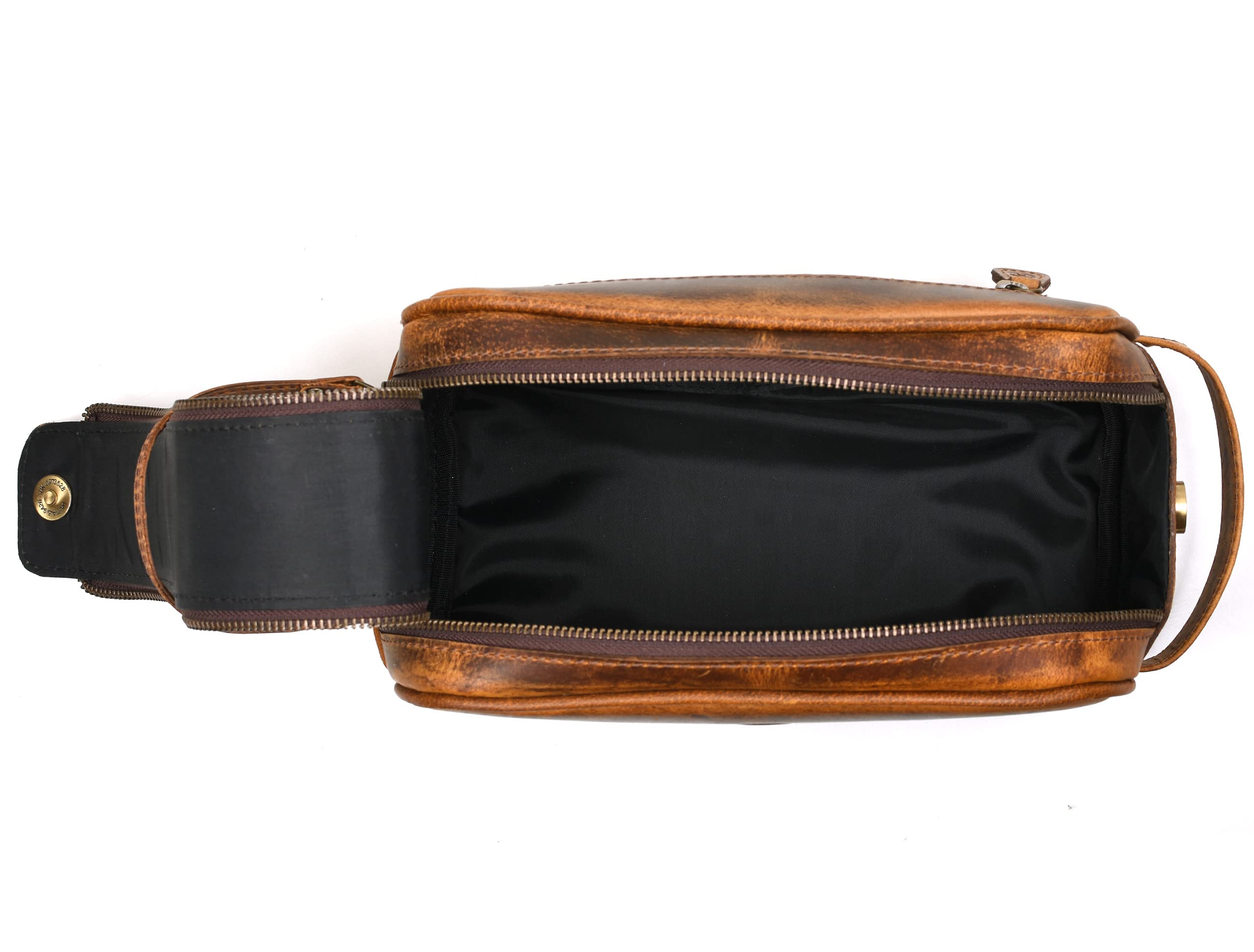 Aaron Leather Goods open double-zip interior showing roomy organization and easy access