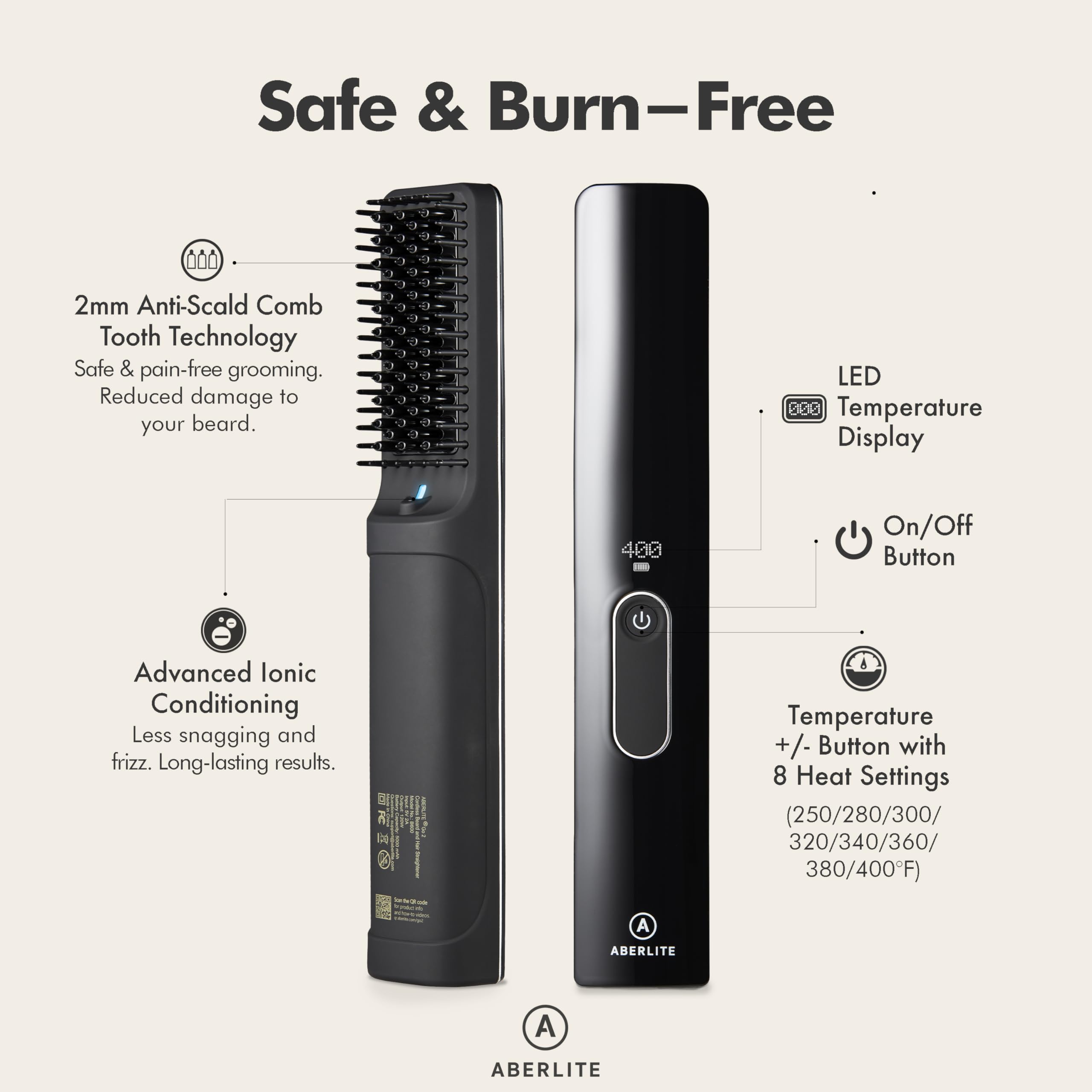Aberlite Go 2 closeup of 2mm anti-scald comb teeth protecting skin during styling
