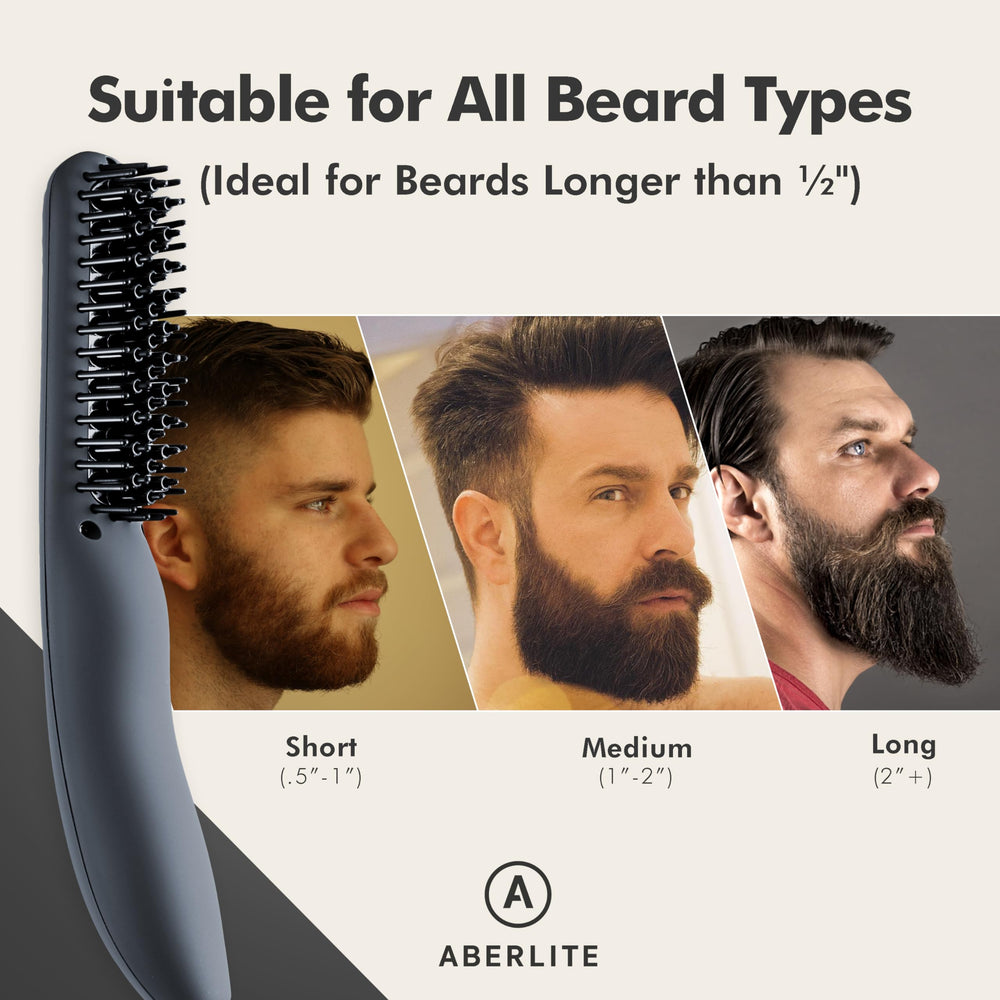 Aberlite in use styling beard on man demonstrating smoother, neater facial hair