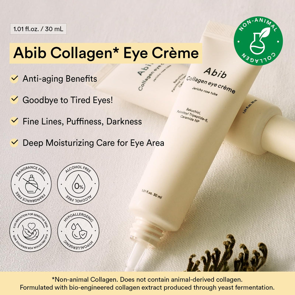 Abib eye cream tube label detail showing vegan collagen benefit