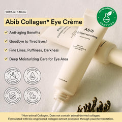 Abib eye cream tube label detail showing vegan collagen benefit