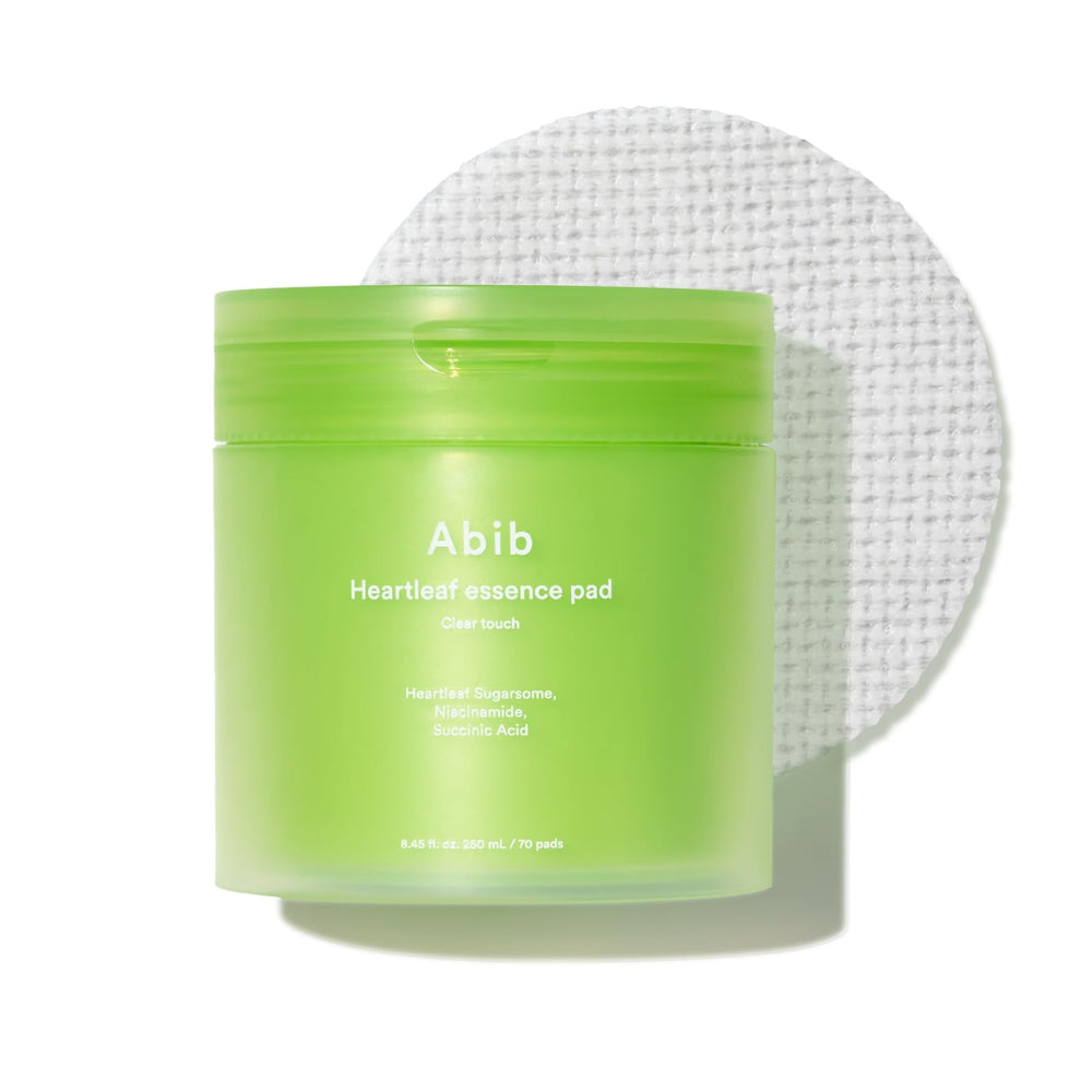 Abib heartleaf pad front packaging showing product and 70 pads benefit soothing
