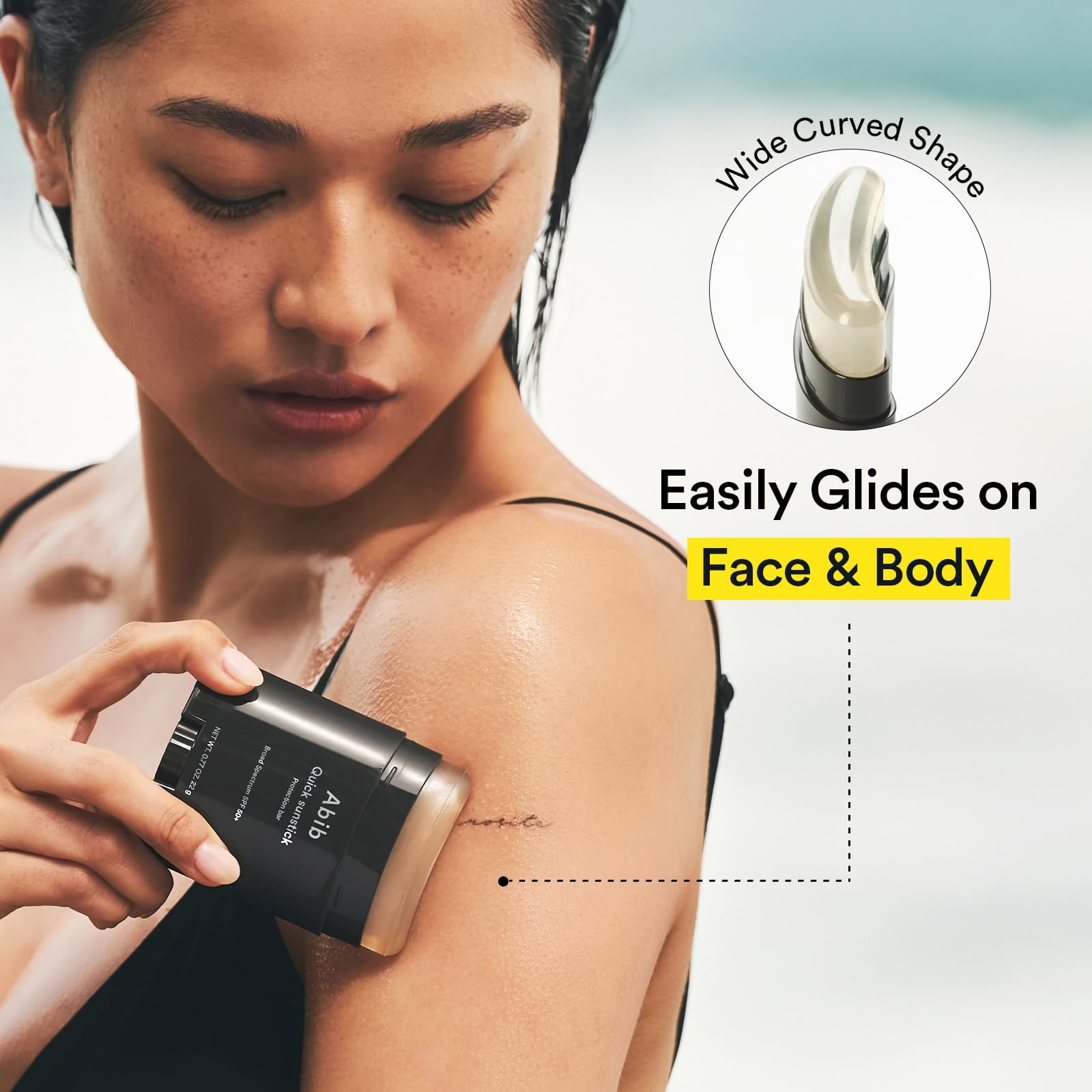 Abib quick sunstick application on cheek for easy on-the-go sun protection