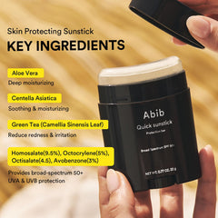 Abib quick sunstick closeup ingredient panel highlighting centella and aloe calming benefits