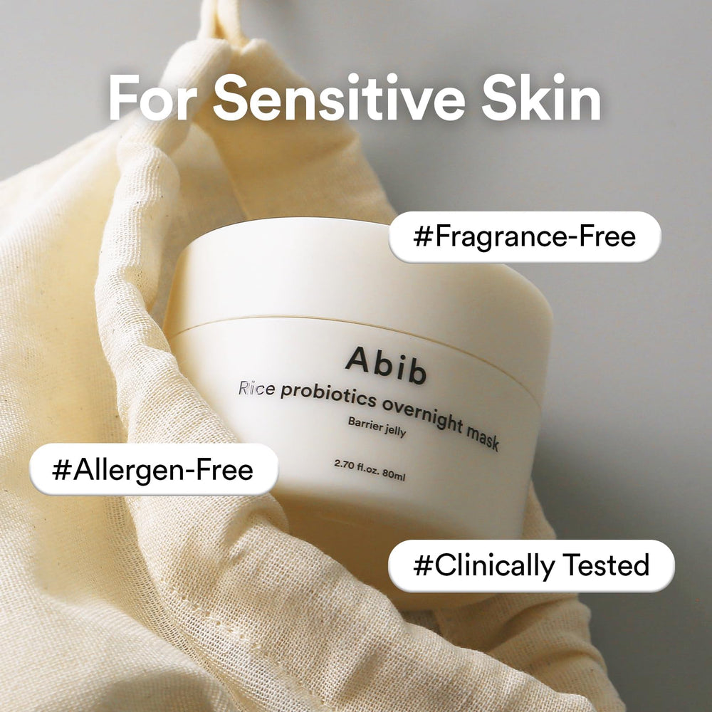 Abib rice grains and probiotic symbol, communicating brightening and barrier support