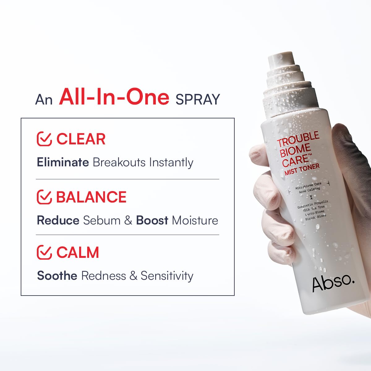 Abso ingredient display highlighting microbiome complex and soothing actives