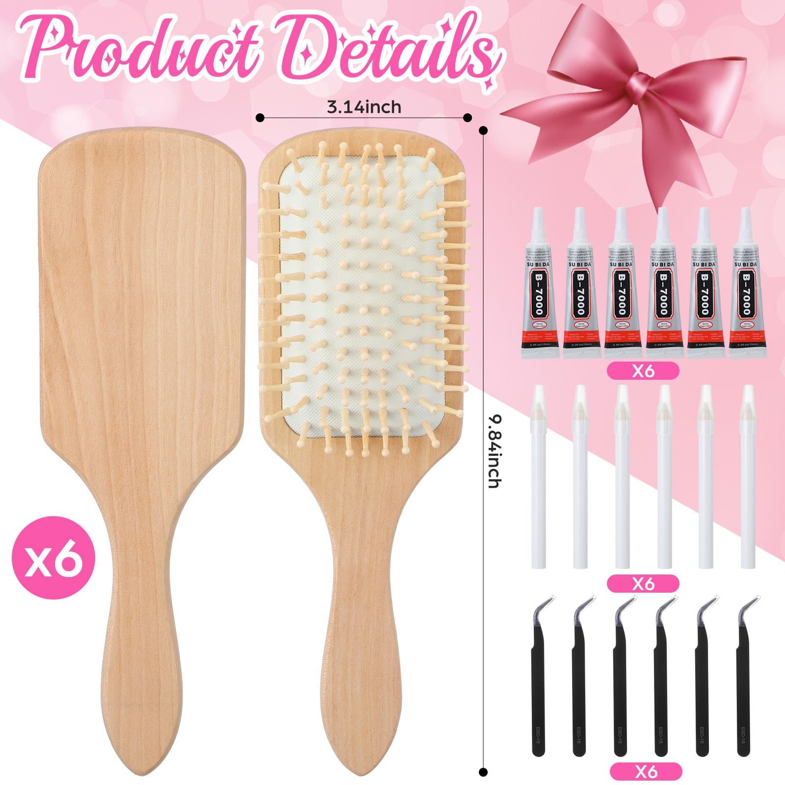 Acellegic six wooden hairbrushes arranged neatly, highlighting ready-to-decorate surfaces