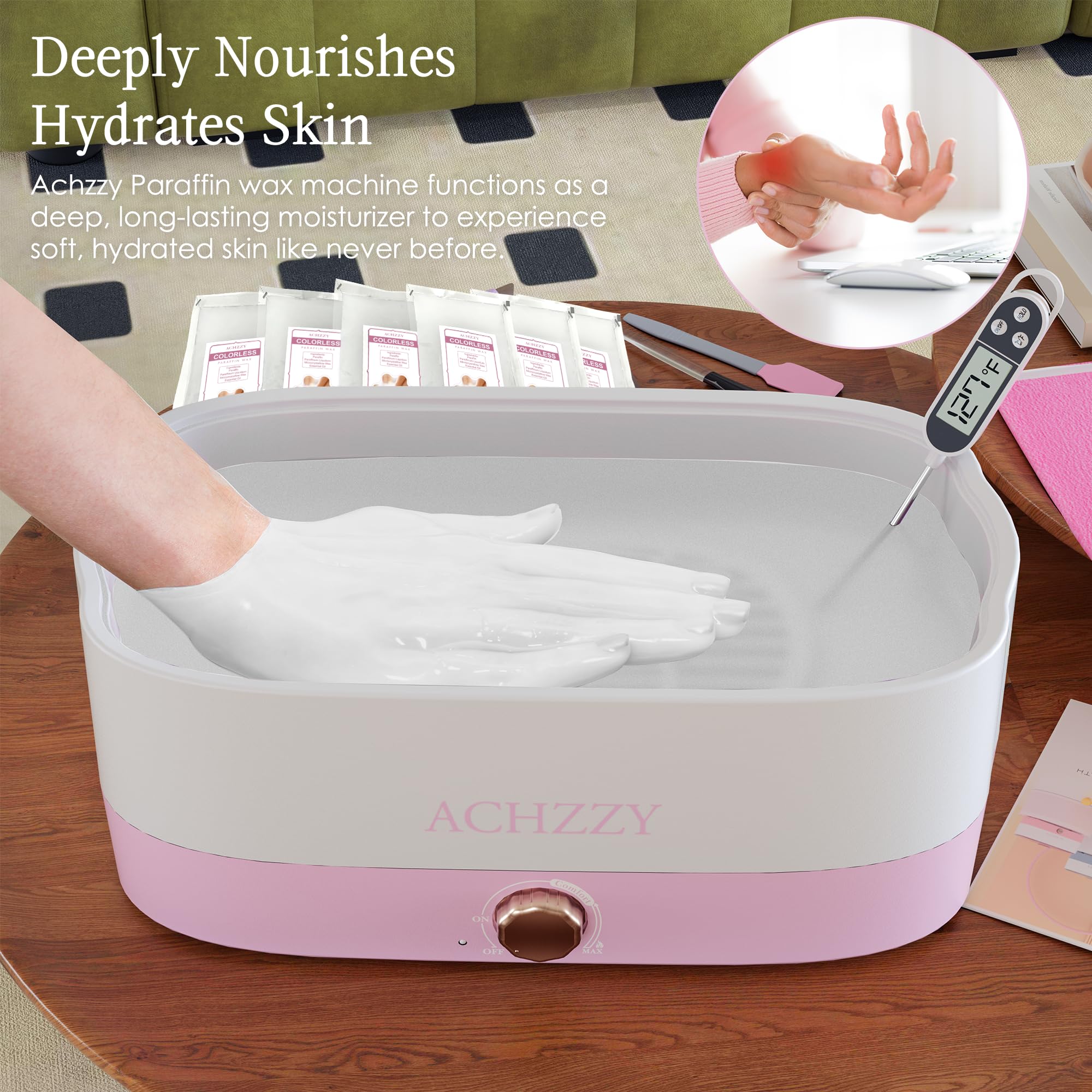 Achzzy feet immersed in paraffin bath showing full-coverage moisturizing application