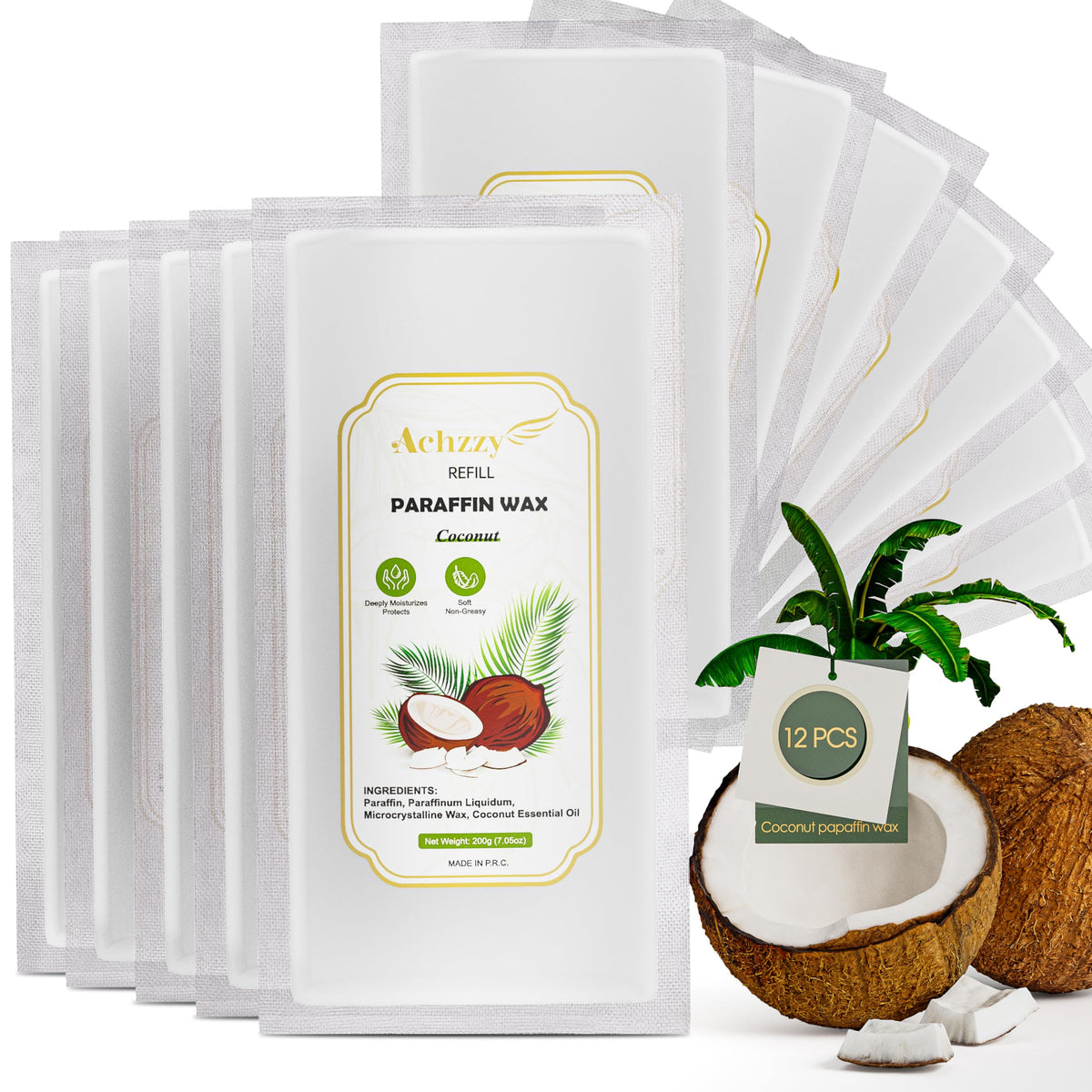 Achzzy front packaging coconut paraffin showing quantity and scent benefit