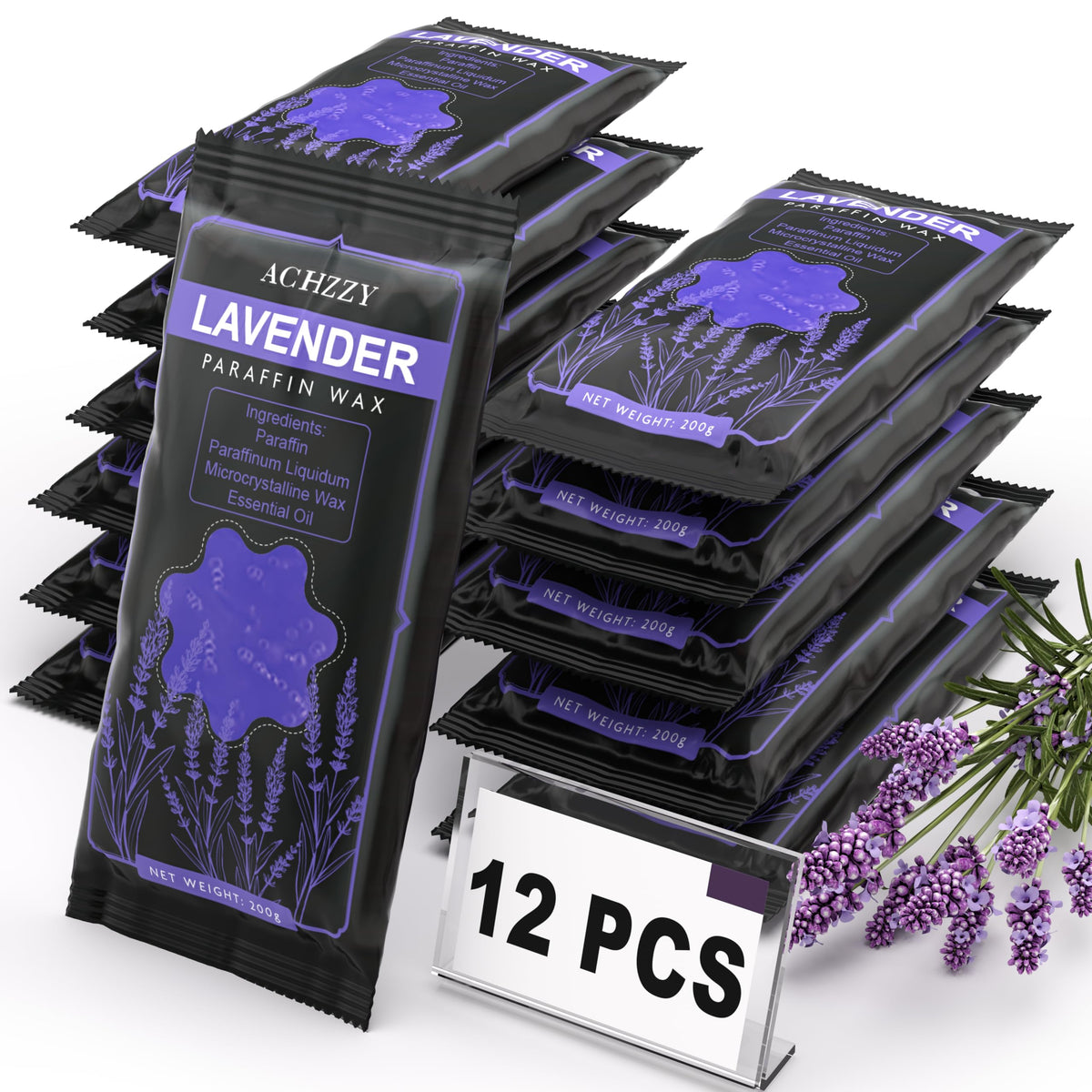 Achzzy front packaging showing 12 lavender paraffin blocks and benefits
