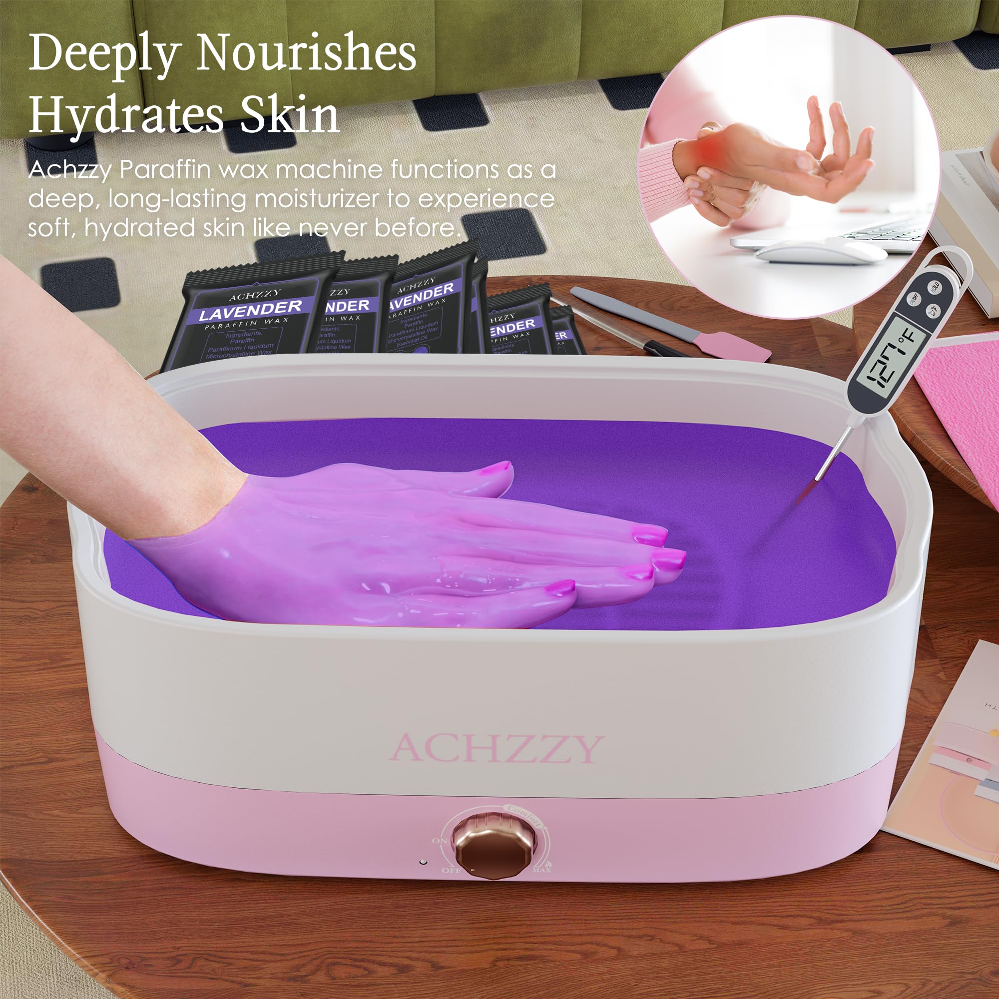 Achzzy lavender paraffin texture close-up highlighting soothing scent