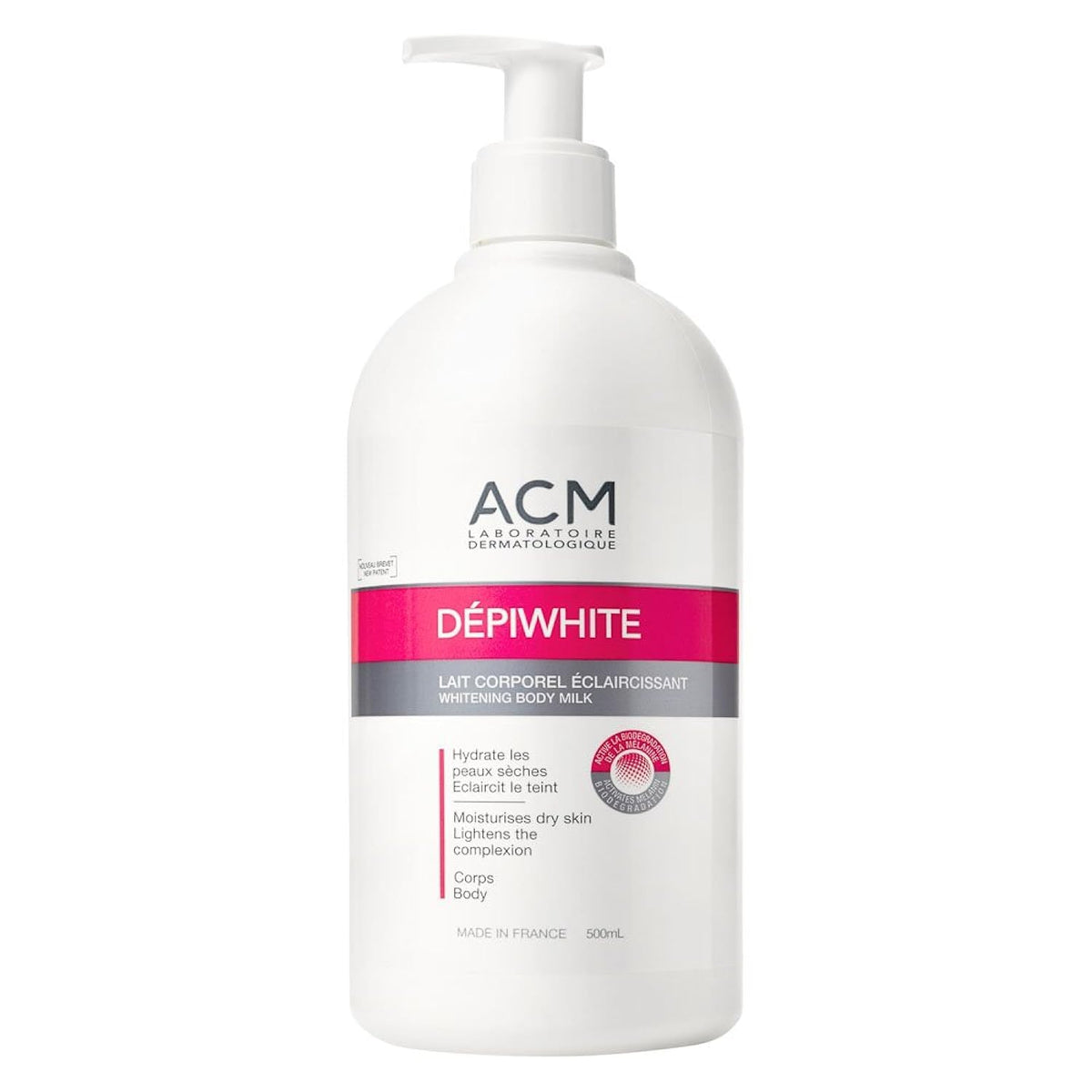 ACM Dépiwhite front packaging in 500ml bottle showing label and pump for easy use