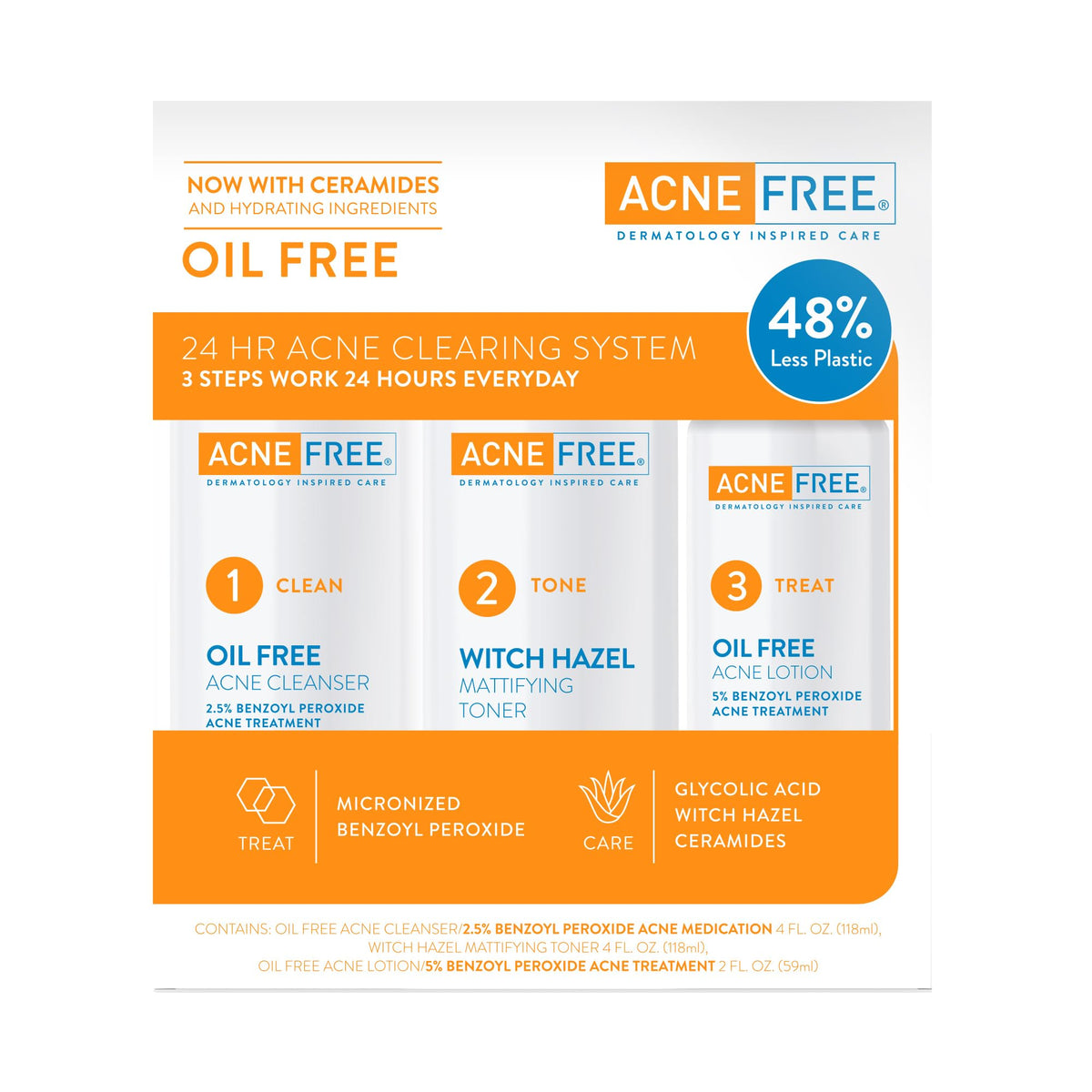 AcneFree kit front packaging showing three-step acne system and benefits