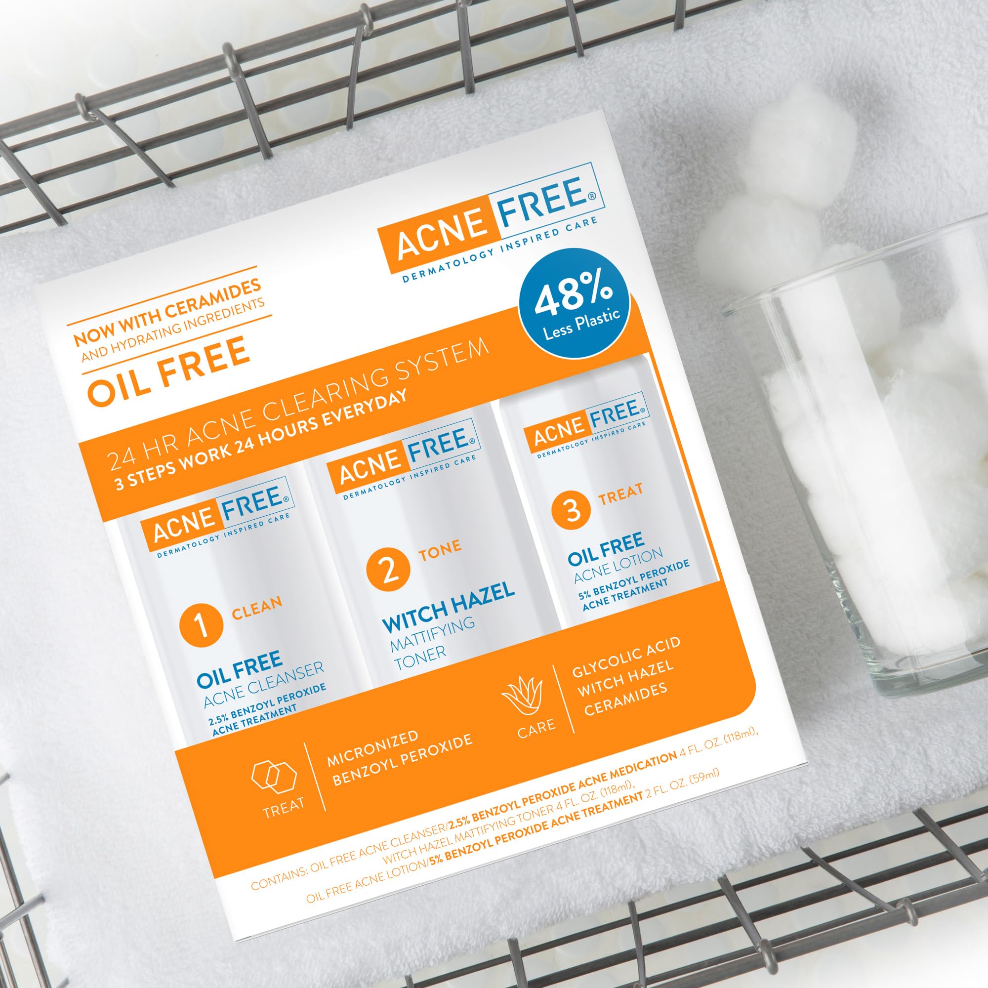 AcneFree products in use at sink illustrating simple morning and evening routine