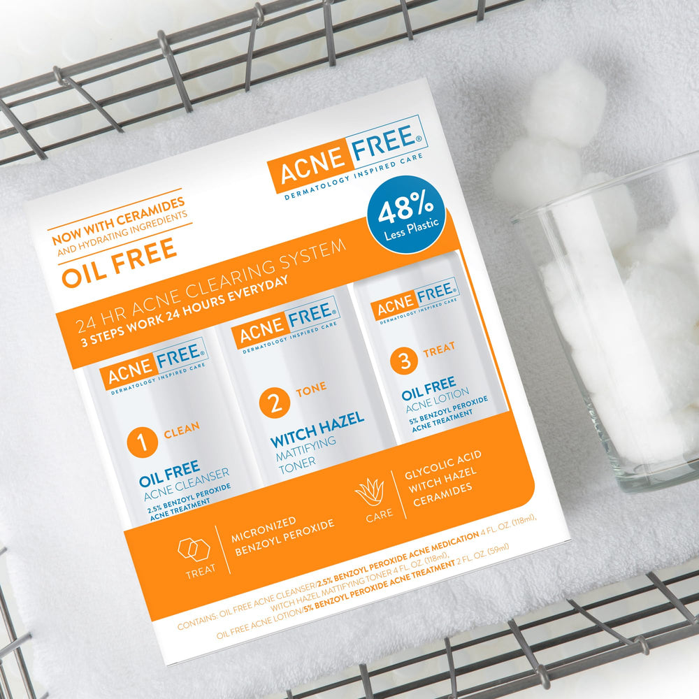 AcneFree products in use at sink illustrating simple morning and evening routine