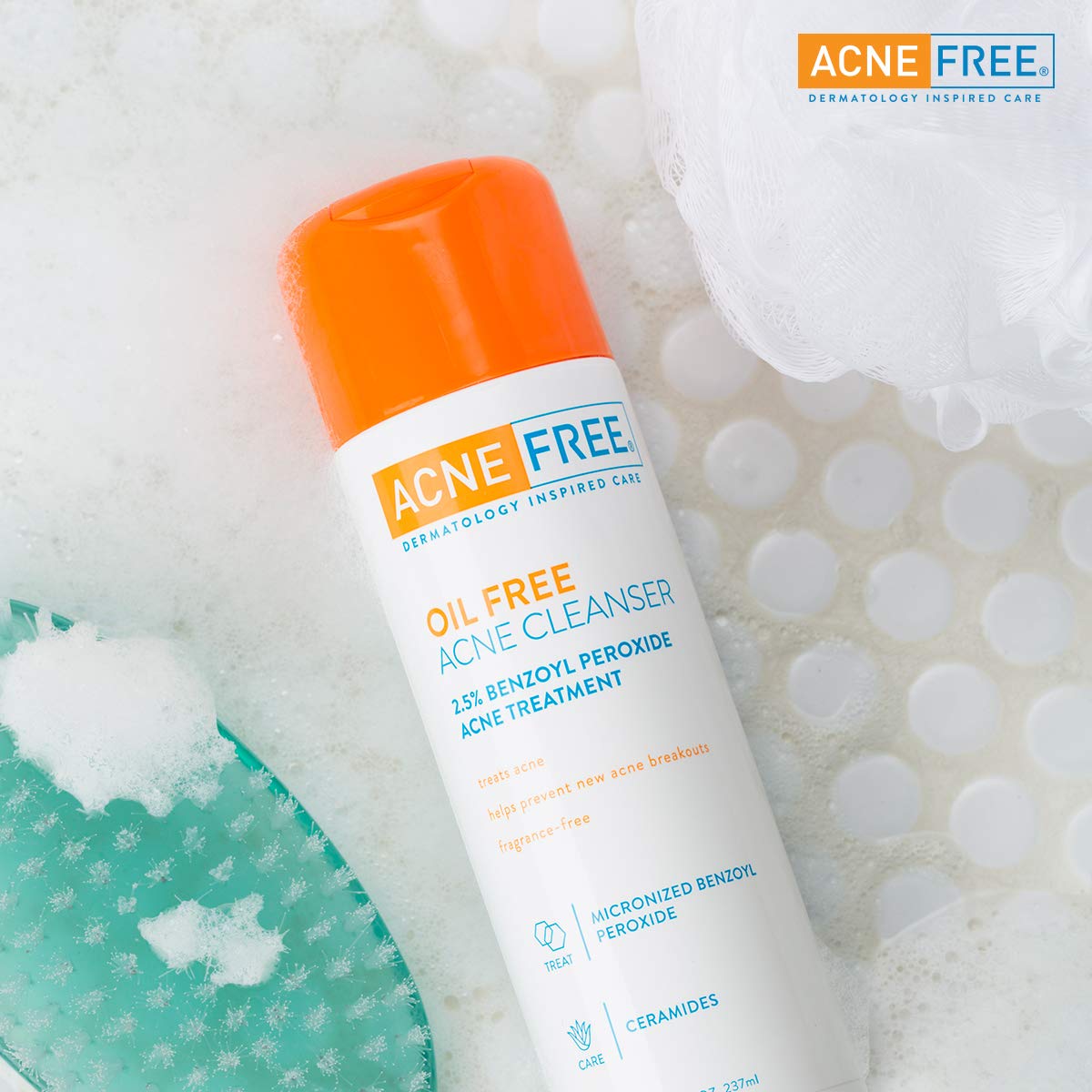 AcneFree bottle beside towel in bathroom scene suggesting daily skincare routine and consistent use