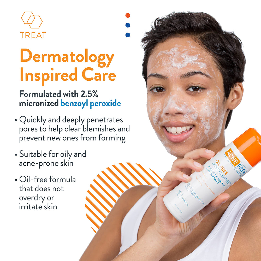 AcneFree label close-up highlighting benzoyl peroxide 2.5% and ingredient information for shopper confidence