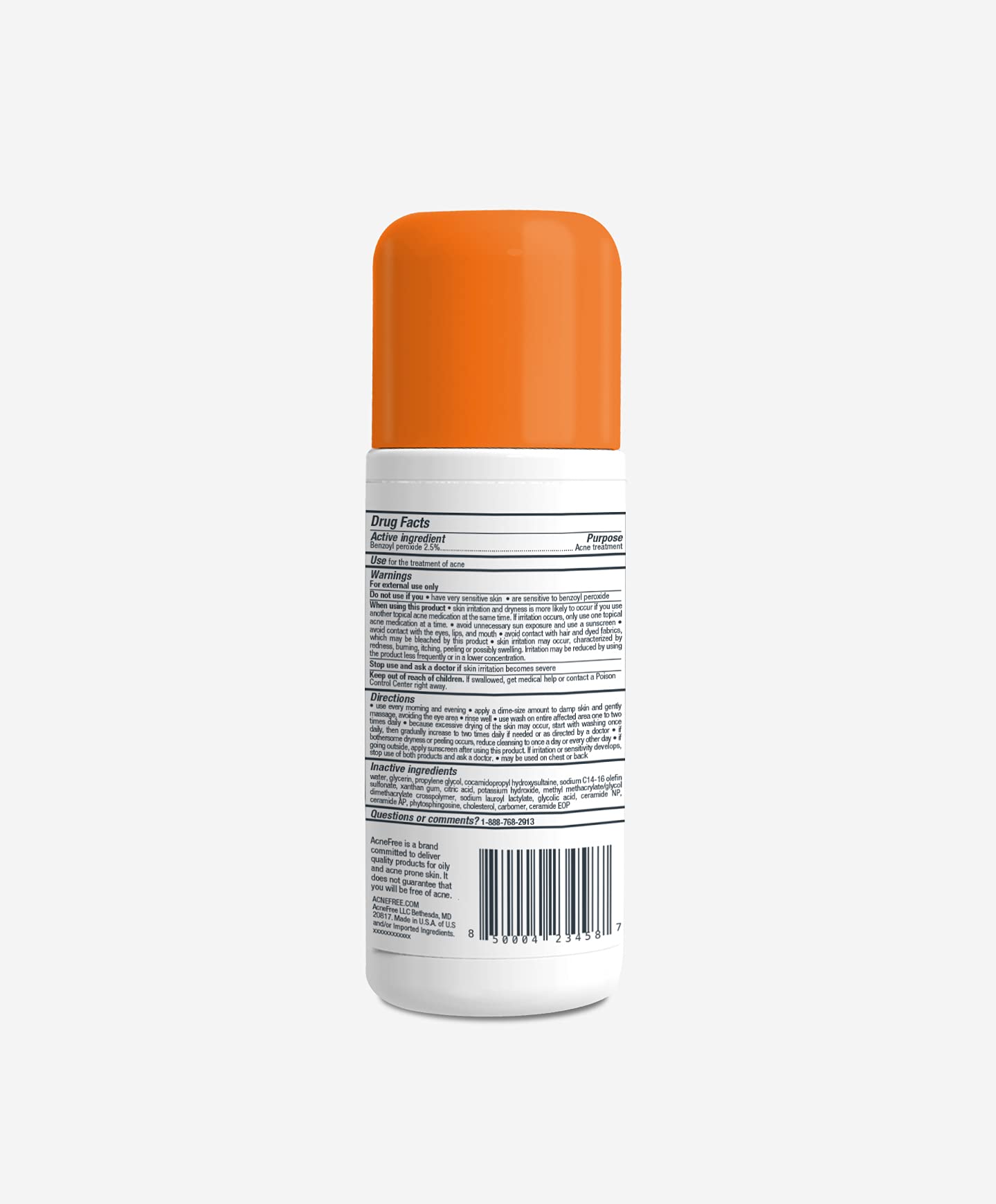 AcneFree bottle in hand for scale and portability, showing travel-friendly 8 ounce size
