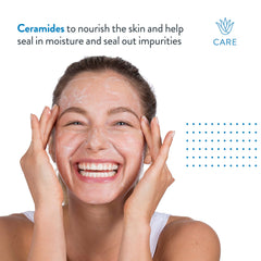 AcneFree foamy texture on fingertip demonstrating gentle lather and ability to cleanse pores