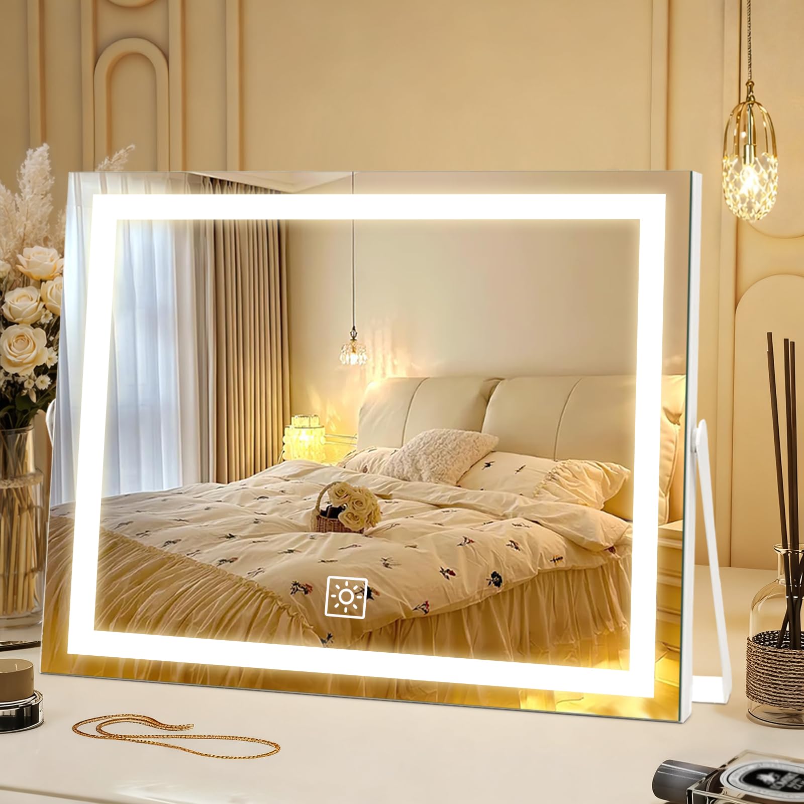 ACOLAR front view showing 14-inch mirror and bright LED lighting for clear makeup