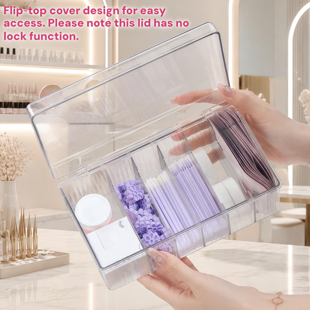 Acshio organizer with lashes and tweezers arranged showing easy access benefit