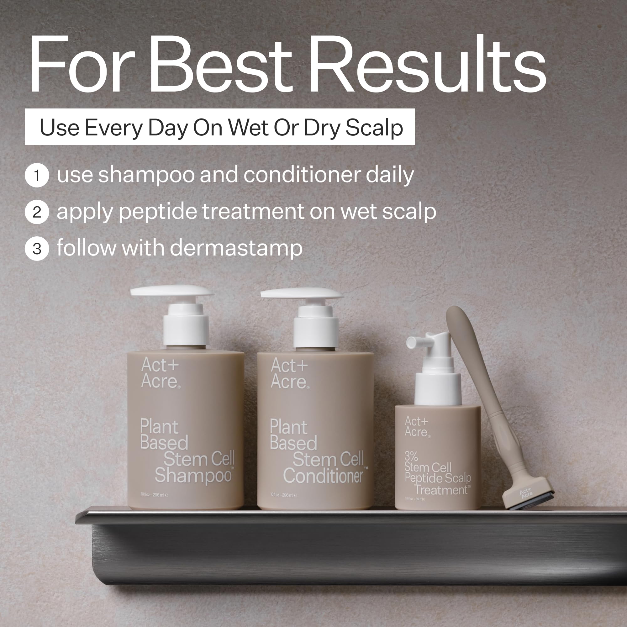 ACT+ ACRE bottle beside ruler showing 10 fl oz size and travel-friendly benefit