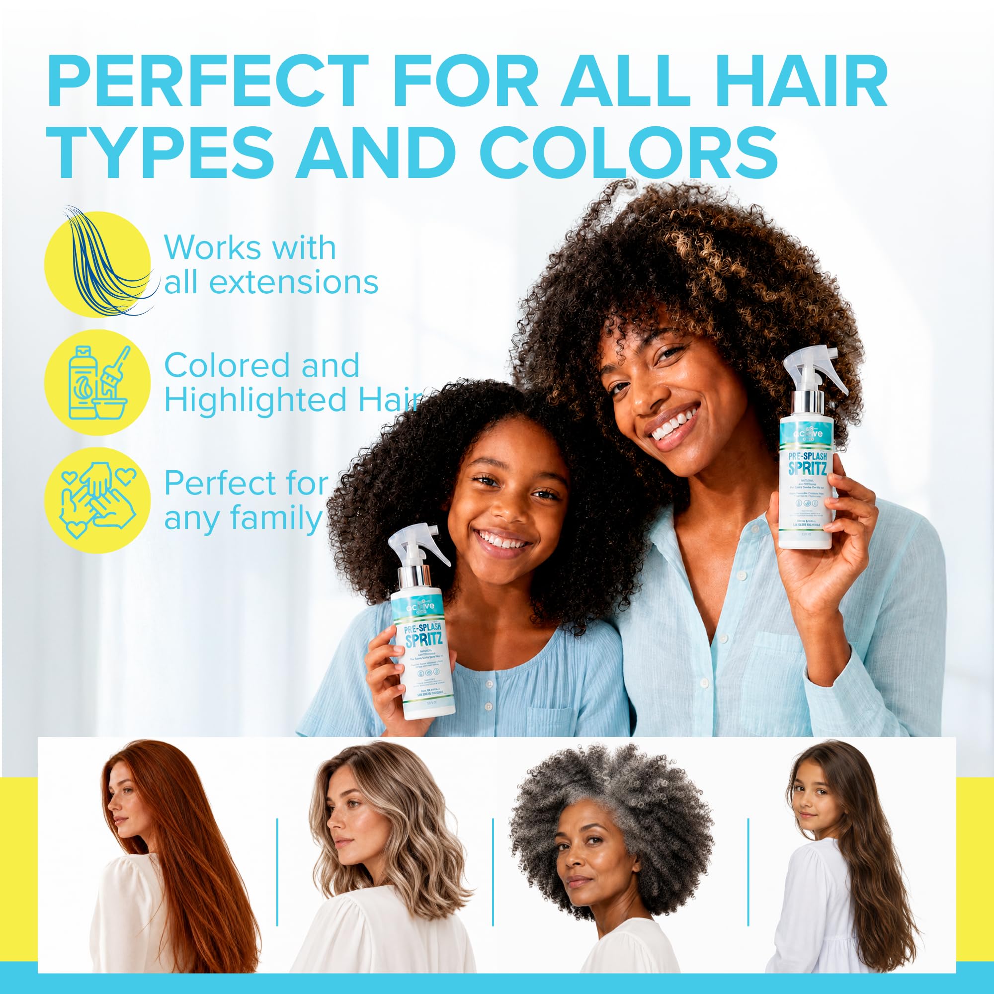 Active COCO spray on wet hair showing quick absorption and pre-swim protection