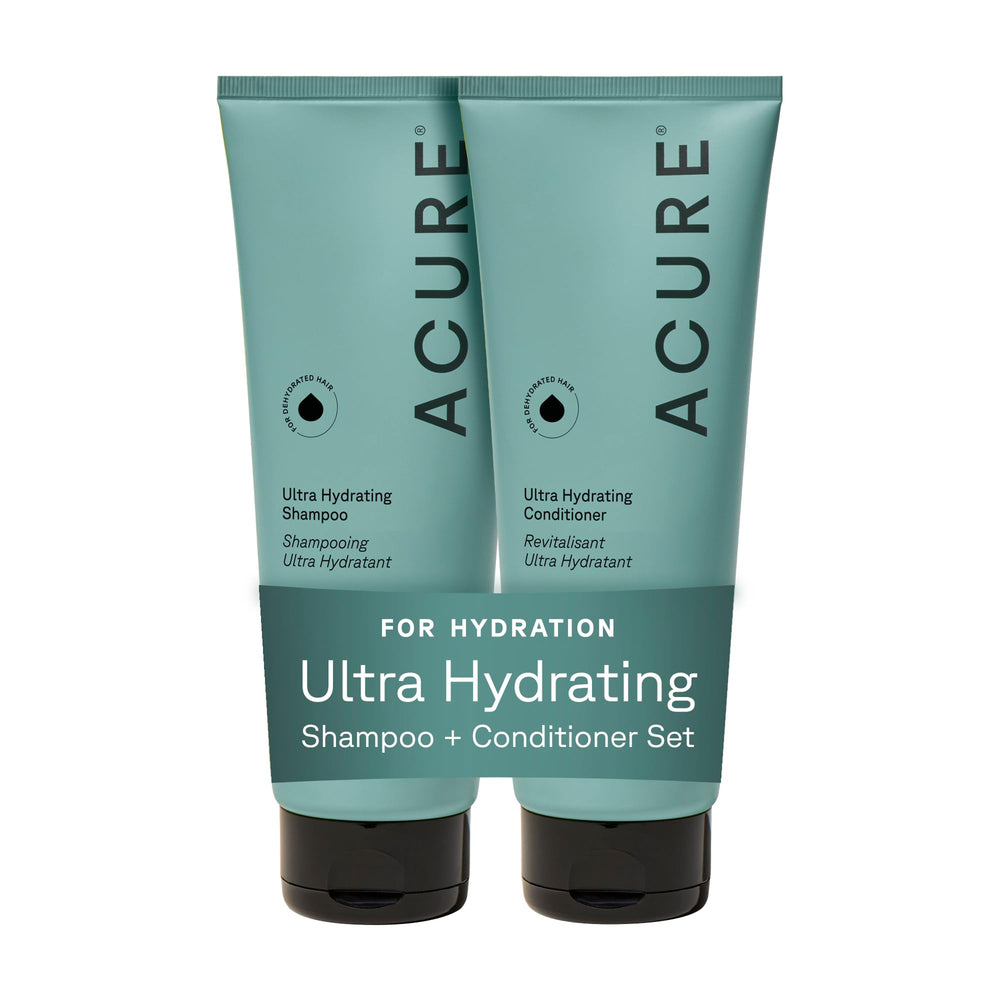 Acure front packaging showing duo bottles and clear branding for hydration benefit
