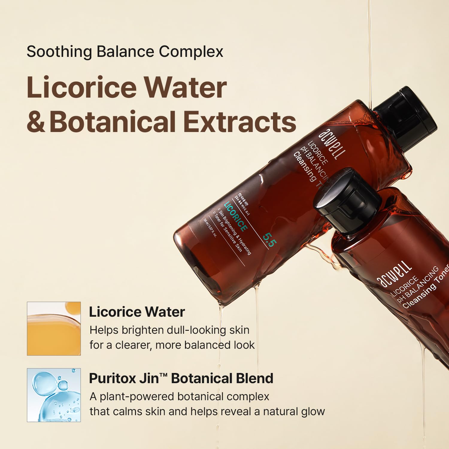 ACWELL toner's botanical ingredients flatlay with licorice and green tea for calming