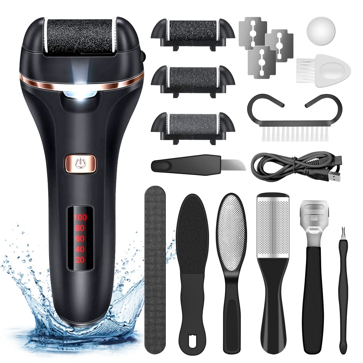 AdamPark front view of electric callus remover showing ergonomic grip and benefit of control
