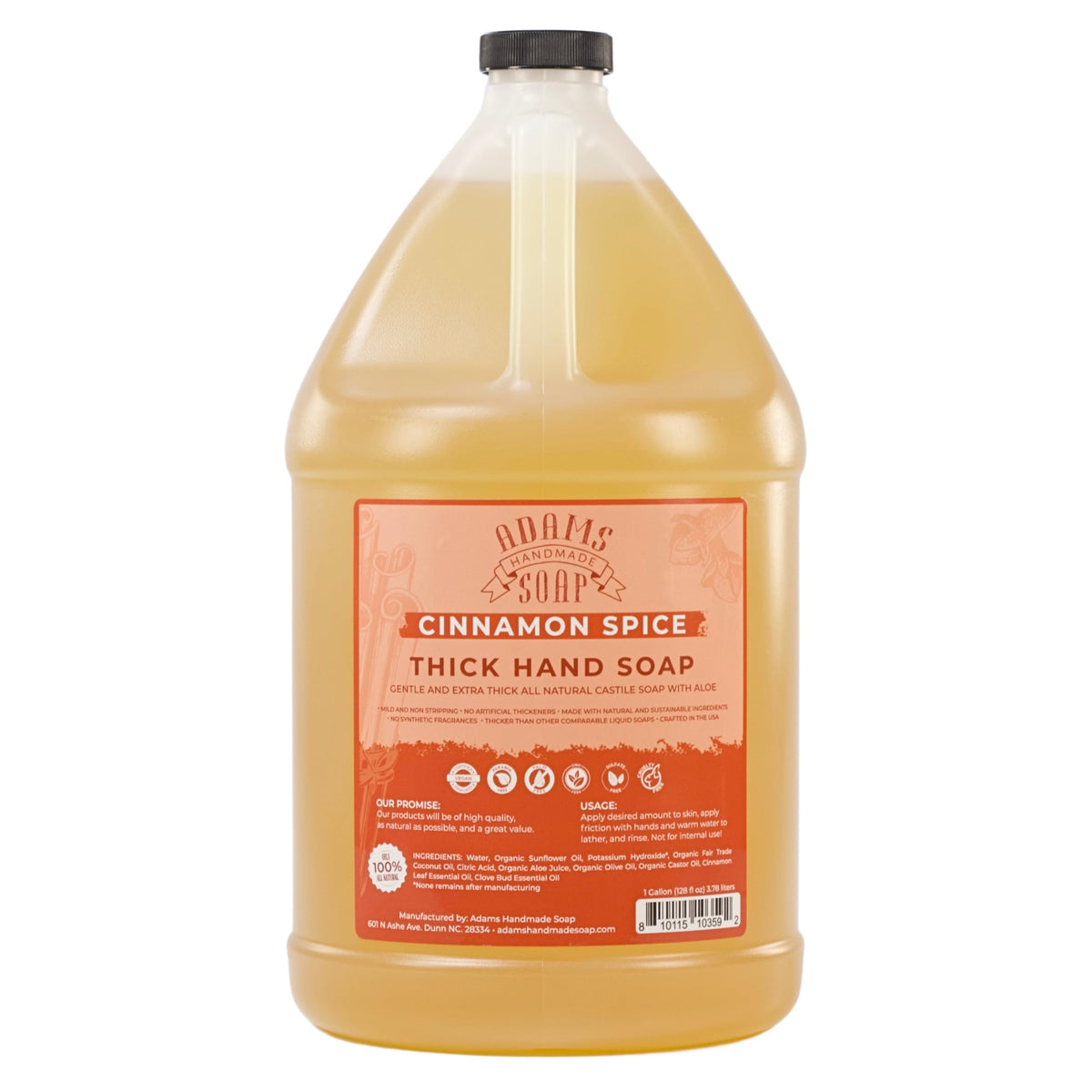 Adams Handmade Soap gallon front label showing product name and cinnamon scent benefit