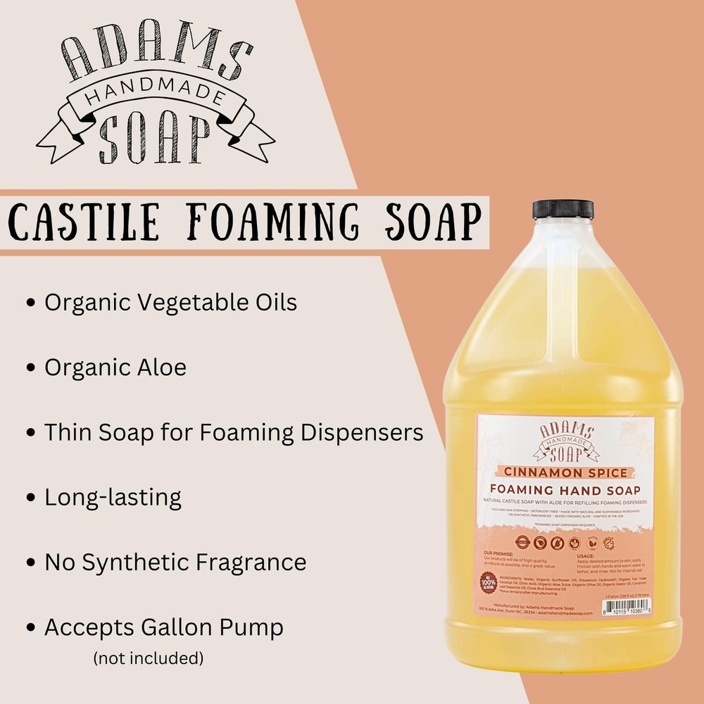Adams Handmade Soap being poured into dispenser illustrating easy refill and eco benefit