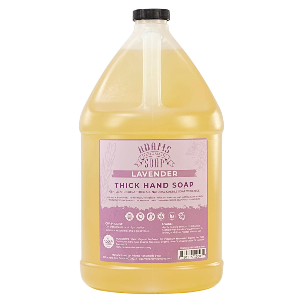 Adams Handmade Soap gallon bottle front view showing label and lavender benefit