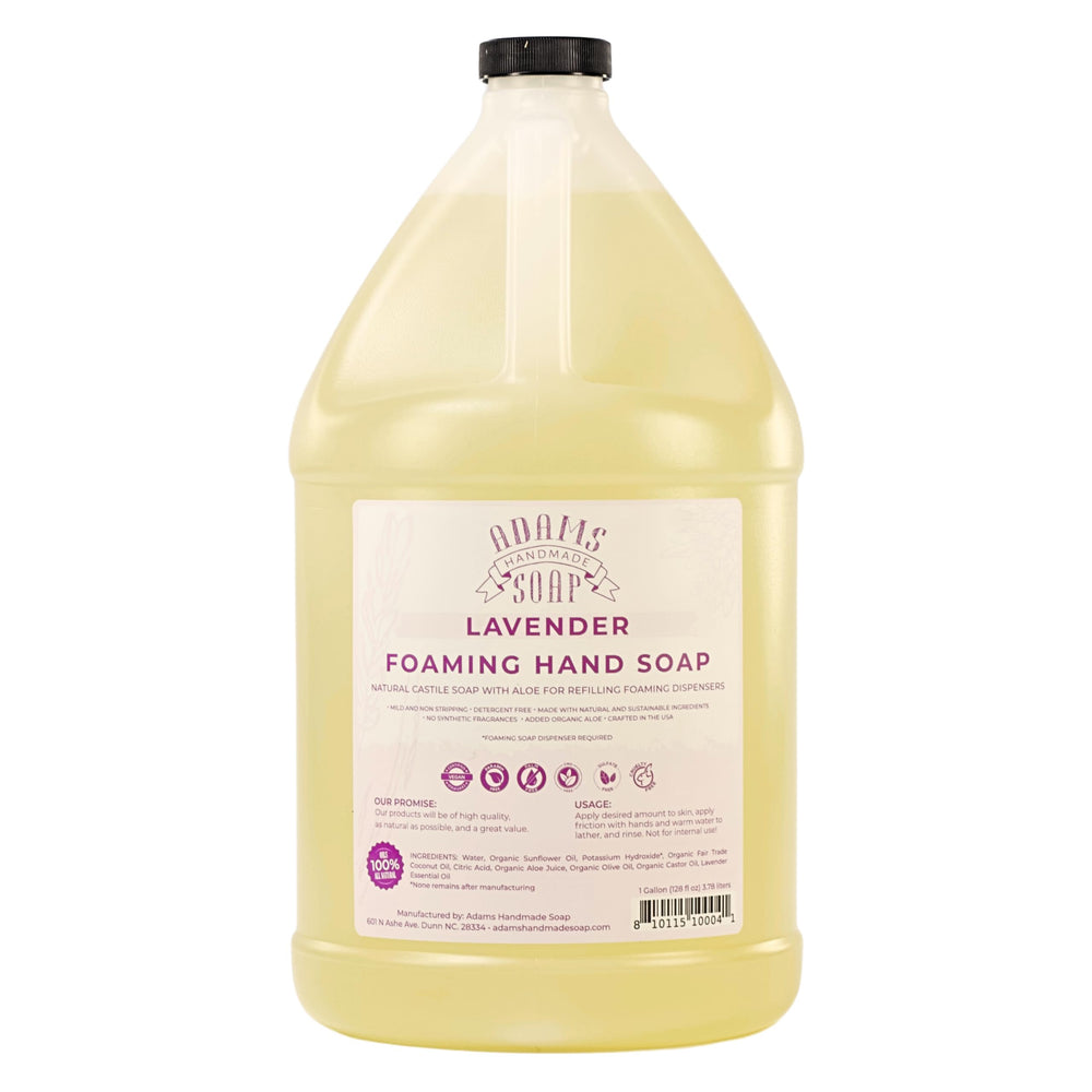 Adams Handmade Soap gallon front label showing lavender scent and refill benefit