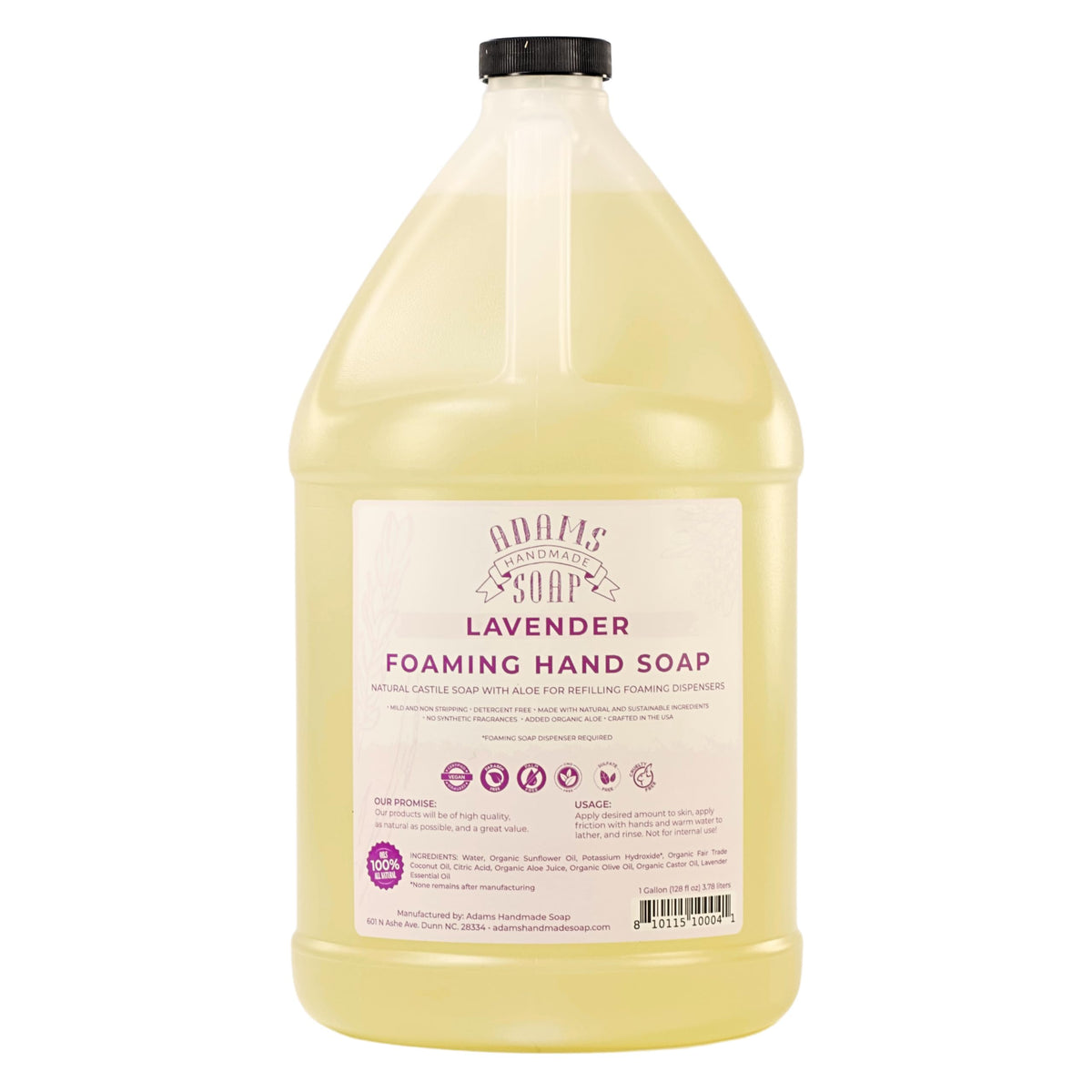 Adams Handmade Soap gallon front label showing lavender scent and refill benefit