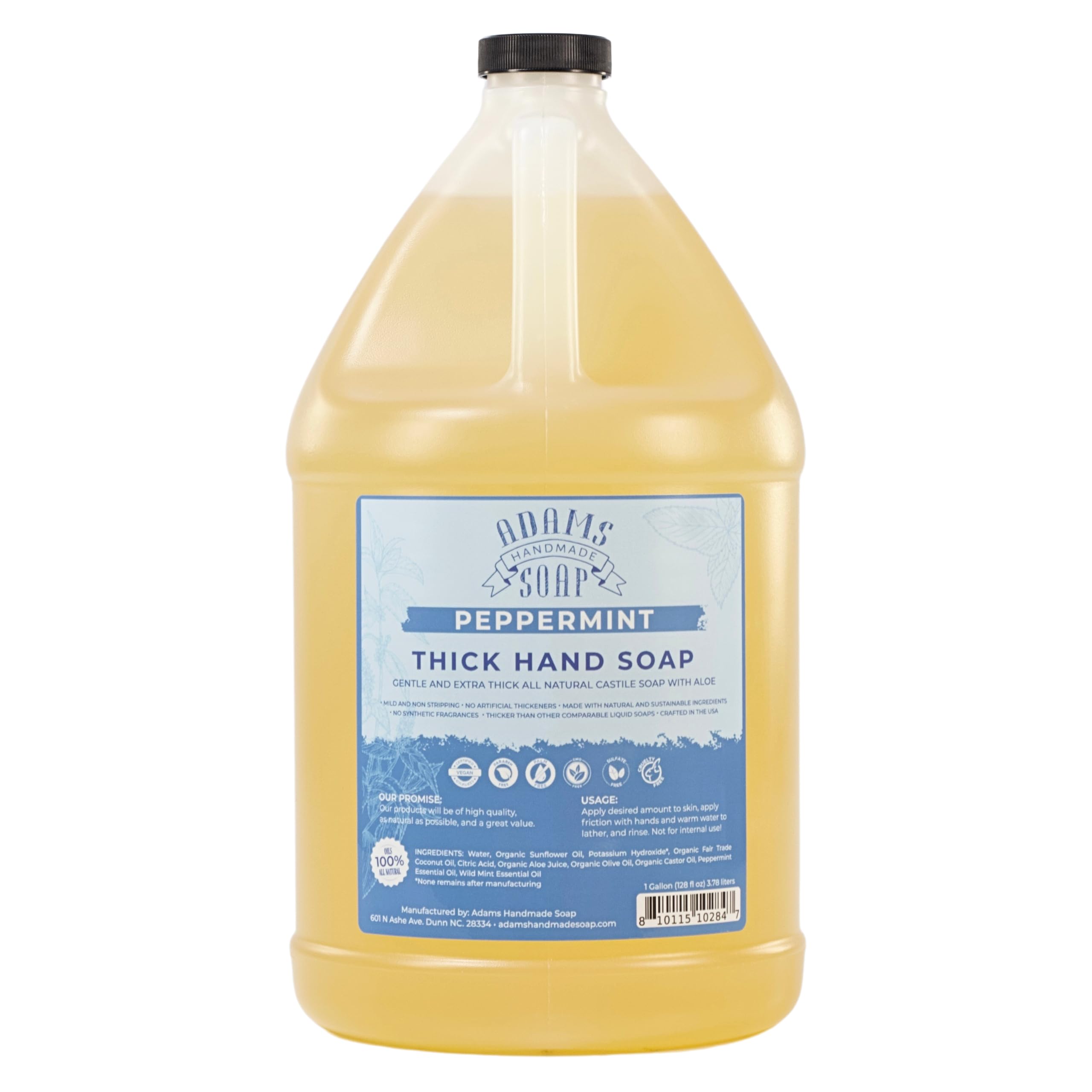 Adams Handmade Soap gallon front label showing peppermint refill and organic claims