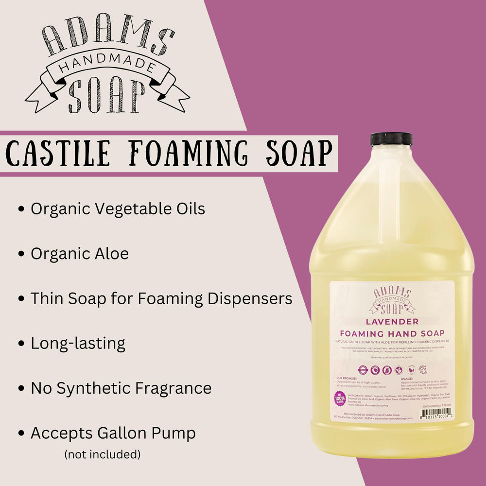 Adams Handmade Soap being poured into a foaming dispenser in kitchen showing easy refill