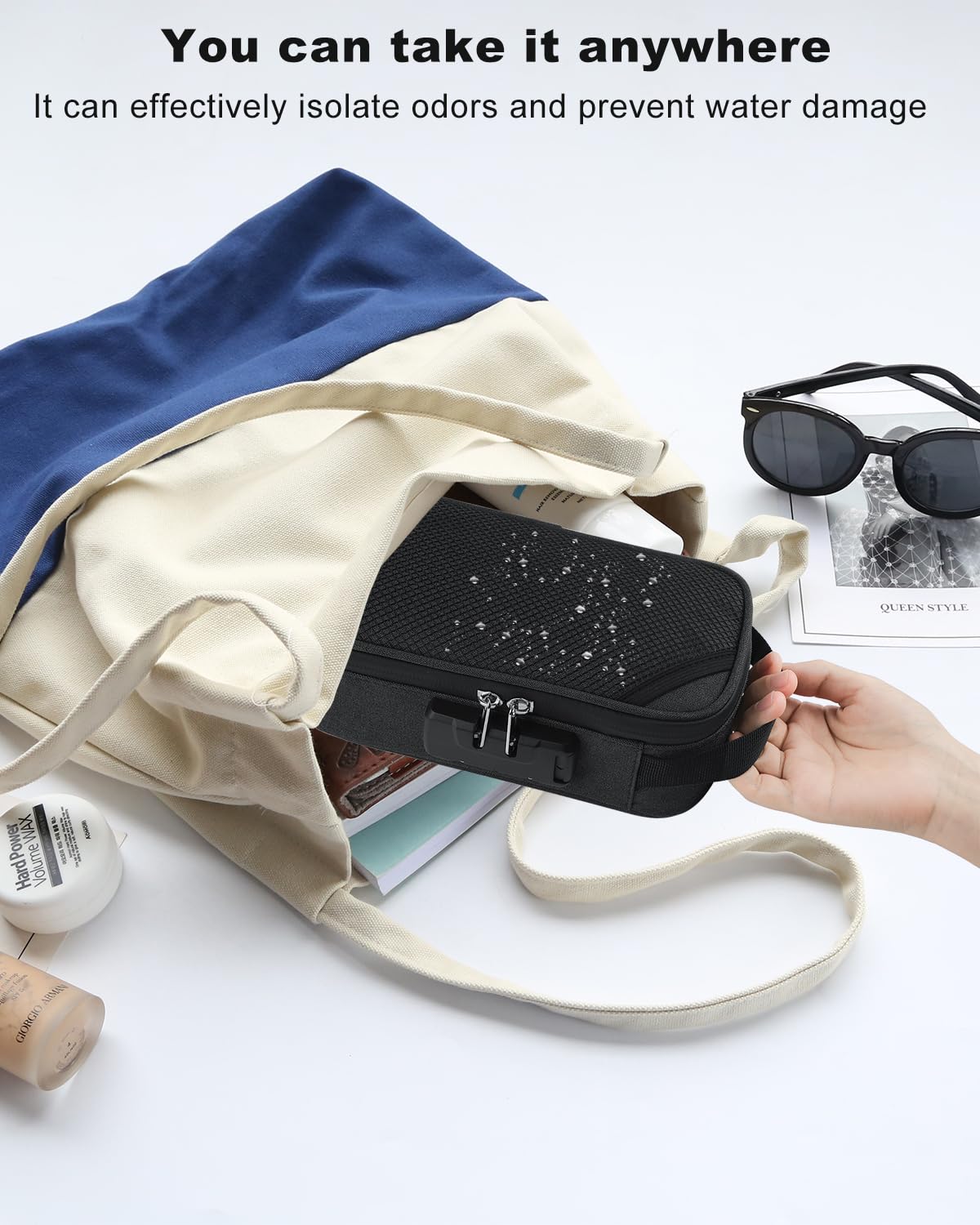 ADCTMOB pouch in travel setting demonstrating portability and discreet storage benefit